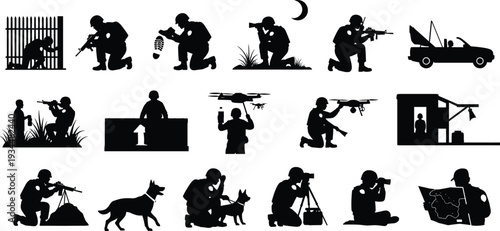 Diverse collection of military silhouettes featuring tactical combat maneuvers, humanitarian aid camp operations, emergency transport vehicles, and field equipment on white background