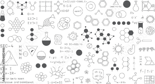 Hand drawn scientific diagrams and chemical formulas with geometric shapes and molecules science chemistry