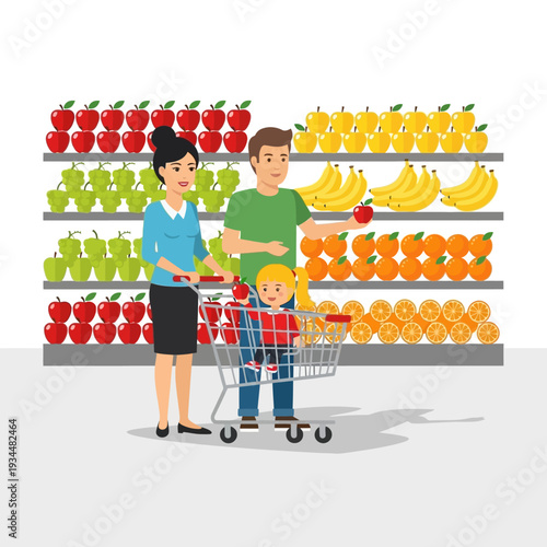 Family Shopping for Fresh Fruits in a Supermarket Aisle