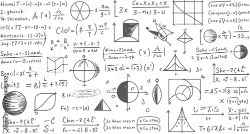 Hand drawn mathematical equations and geometric shapes on a white background mathematics formula 1 geometry