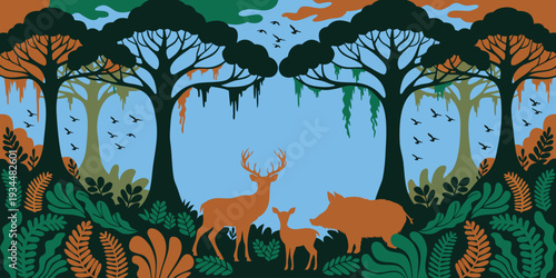 A stylized illustration depicts deer grazing within a lush forest scene