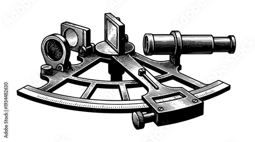 Nautical sextant navigation instrument vector engraving style isolated on white background for maritime education branding travel poster design and explorer icon