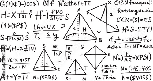 Hand drawn mathematical equations and geometric shapes on a white background mathematics formula 2 geometry