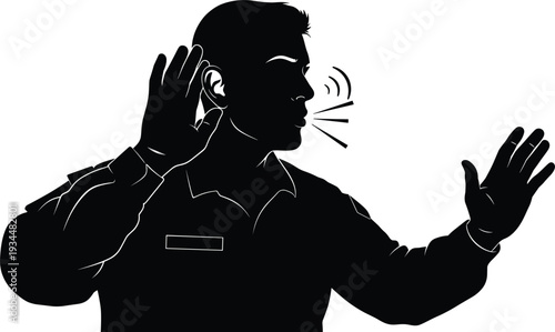 Silhouette of a security officer or tactical personnel using a hand to ear gesture for listening while communicating during a surveillance mission.