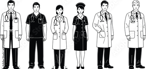 Set of six diverse medical professional illustrations including doctors in white lab coats with stethoscopes and nurses in scrubs and traditional uniform icons
