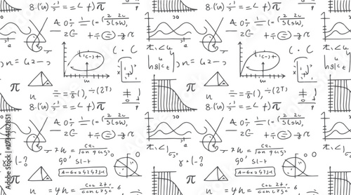 Hand drawn mathematical equations and graphs on white background with pi symbol and geometric shapes
