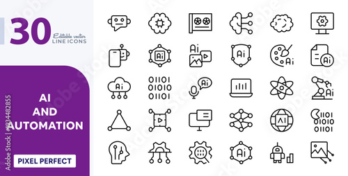 AI and automation vector line icons. Robot, neural network, brain, algorithm, technology, digital, virtual, icon collection. Editable stroke.