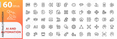 AI and automation line icon set. Robot, neural network, machine learning, digital, smart, chip, fut vector icons. Editable pixel-perfect stroke icon