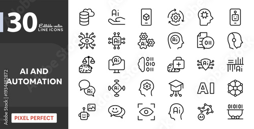 AI and automation line icon collection. Future industry, automation robot, global network, digital brain, cloud computing, pixel-perfect stroke icons