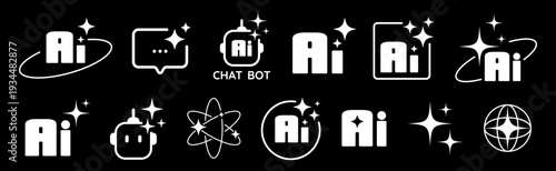 Artificial intelligence AI logo set, simple line icons with stars and robot for chatbot and brain technology