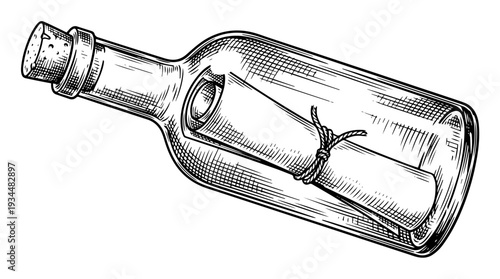 Message in a bottle with cork and note vector engraving style isolated on white background for nautical poster design travel branding and storytelling illustration