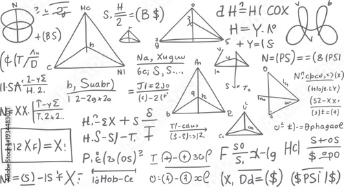 Hand drawn mathematical equations and geometric diagrams on a white background mathematics formula 1