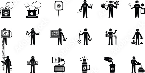 Industrial Coffee Production Process Icons Featuring Professional Technicians Monitoring Roasting Machinery Quality Control Testing And Laboratory Research Equipment In Black Vector Silhouette