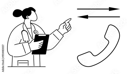 Healthcare communication, telemedicine, consultation, remote services, patient care, medical guidance. Doctor holding clipboard pointing, arrows and phone icon. Healthcare communication