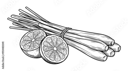 Lemongrass bundle with citrus slices vector engraving style isolated on white background for culinary branding cocktail menu design and food packaging label