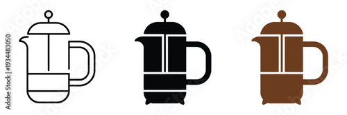 Linear French press illustration, simple vector graphic of a coffee plunger pot in line art style, monochrome design for beverage branding, icons, and culinary infographic use.