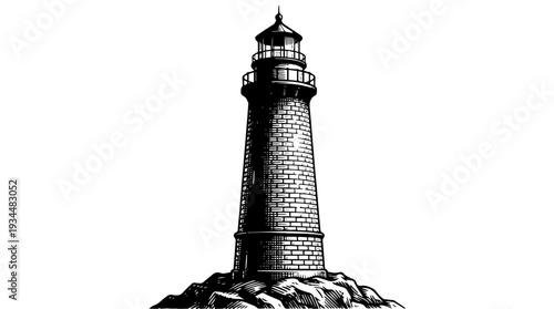 Coastal lighthouse tower on rocks vector engraving style isolated on white background for travel branding maritime poster design and nautical navigation illustration