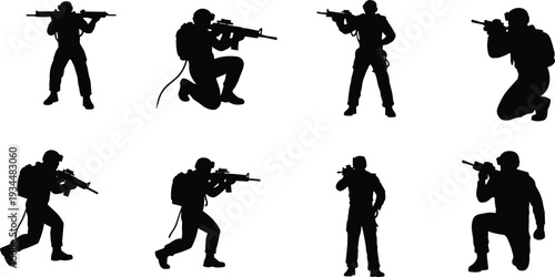 Black Military Soldier Silhouettes Set Featuring Special Forces Units Holding Assault Rifles In Combat Poses For Tactical War And Army Illustrations