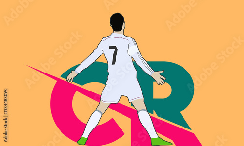 CR7 inspired soccer player silhouette with bold typography. Modern football illustration celebrating victory and champion energy, perfect for sports branding, fan posters, and marketing.