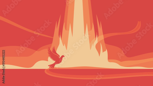 Red dove flying towards light beams bird