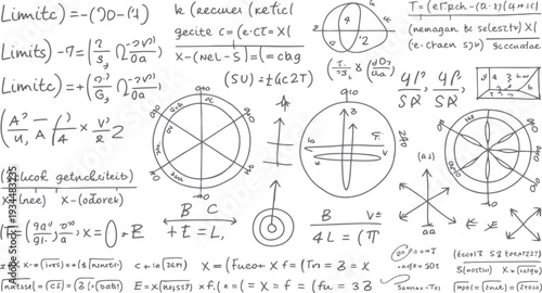 Hand drawn mathematical equations and diagrams on a white background with various formulas and geometric shapes