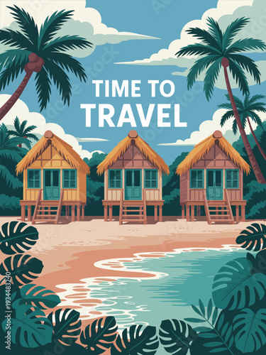 Beach Huts Travel Poster, Flat 2D Tropical Vacation Illustration with Palm Trees and Sandy Shore