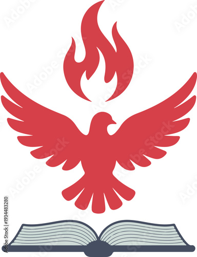 Red dove with flames above open book bird wings
