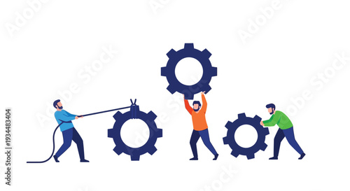 Teamwork and collaboration illustrated with people and interlocking gears