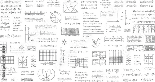 Hand drawn mathematical equations and graphs on white paper mathematics formula