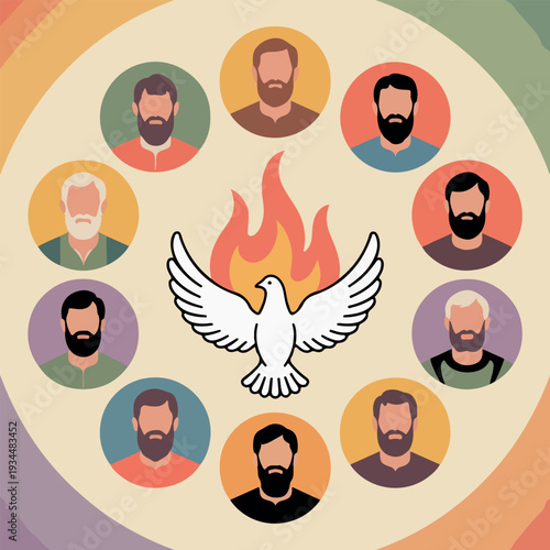Stylized apostles circle with dove and flames twelve