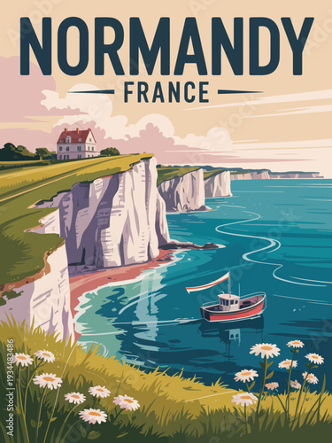 Normandy France Travel Poster, Retro Coastal Illustration of White Cliffs and Seaside Cottage