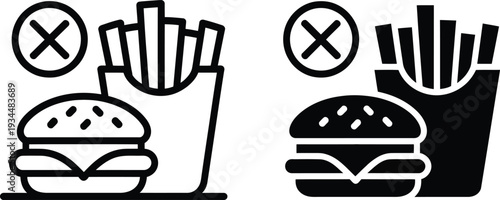 Unhealthy Fast Food Rejected in Simple Monochrome Illustration with Cross Symbol for Health Awareness Campaign