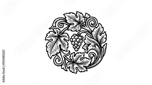 Round floral ornament medallion with leaves and blossoms vector engraving style isolated on white background for vintage branding emblem design and decorative label