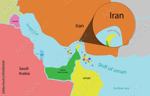 Political map of the Strait of Hormuz showing Iran, Oman, the Persian Gulf, and Gulf of Oman, highlighting a strategic global oil shipping route in the Middle East.