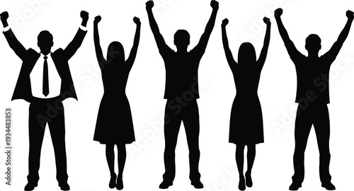 Black and white silhouette vector of business team celebrating victory with raised arms success and achievement concept