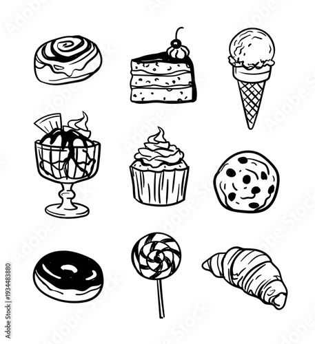 Collection of black hand drawn dessert and sweets doodles, cute and simple icons for menu or café decoration
