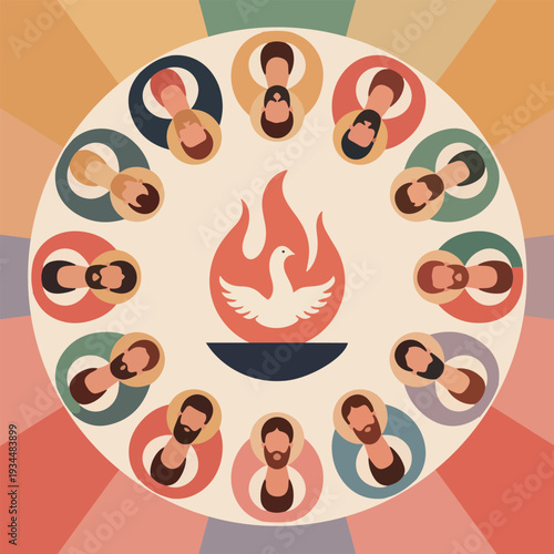 Twelve disciples gathered around a dove in flames apostles