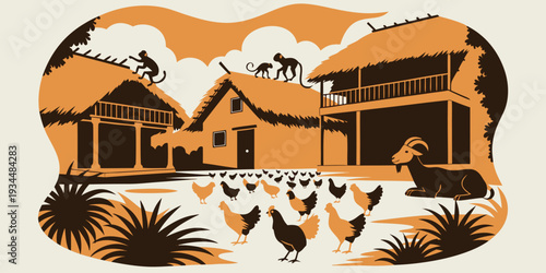 Stylized illustration of a rural scene with monkeys goats and chickens
