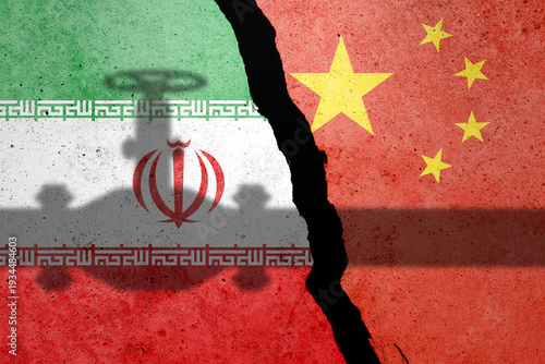 Flag of Iran and China painted on a concrete wall with gas, oil pipe shadow. Strait of Hormuz blockade