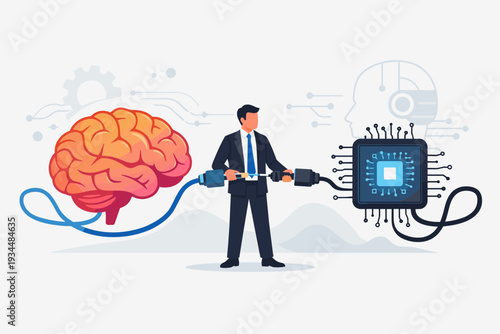 Businessman connecting a human brain to a computer microchip representing artificial intelligence, machine learning, neural networks, and the synergy between human intellect and advanced technology.