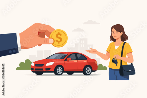 Big hand of agent holding a gold dollar coin to buy a red car from a smiling woman holding keys. Concept of car rental, auto sale, vehicle purchase, automotive loan, and trade-in transaction.