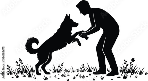 Silhouette of a man playing with a German Shepherd dog in a grassy field on white background Keywords: silhouette, man, dog
