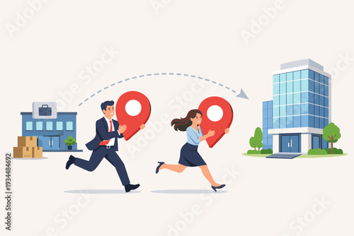 Business Relocation and Office Moving Concept with Happy Businessman and Businesswoman Running to New Corporate Building Carrying Map Pins for Address Change and Company Expansion.