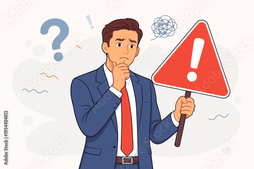 Concerned businessman in a suit holding a red exclamation mark warning sign, feeling confused and doubtful about a difficult decision, problem, or challenge ahead with symbols of uncertainty.