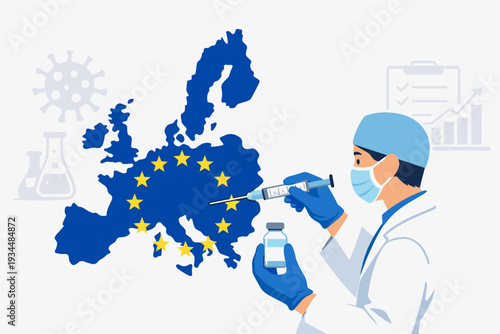 European Union COVID-19 Vaccination Concept with Doctor Holding Syringe and Vaccine Vial over EU Map Background. Medical Professional Researching Coronavirus Immunization Campaign in Europe.