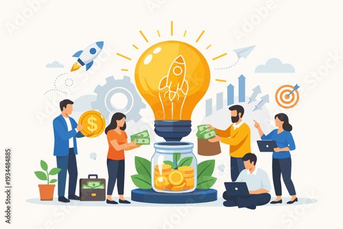 Business People Investing Money into a Jar to Fund a New Innovative Startup Idea Represented by a Large Glowing Lightbulb with a Rocket Inside, Crowdfunding and Venture Capital Concept Illustration.