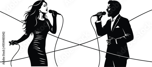 Black and white vector silhouette of male and female singers performing passionate duet with microphones on stage