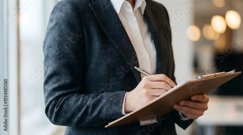 Professional person meticulously writing notes on a clipboard in a bright, modern office environment, capturing focused work activity
