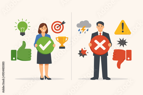 Business Pros and Cons Comparison Illustration with People Holding Checkmark and Cross Symbols. Positive vs Negative Feedback, Success and Failure Icons like Trophy, Lightbulb, and Thumbs Down.