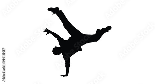 A dynamic black silhouette of a breakdancer performing an acrobatic handstand pose against a white background silhouette